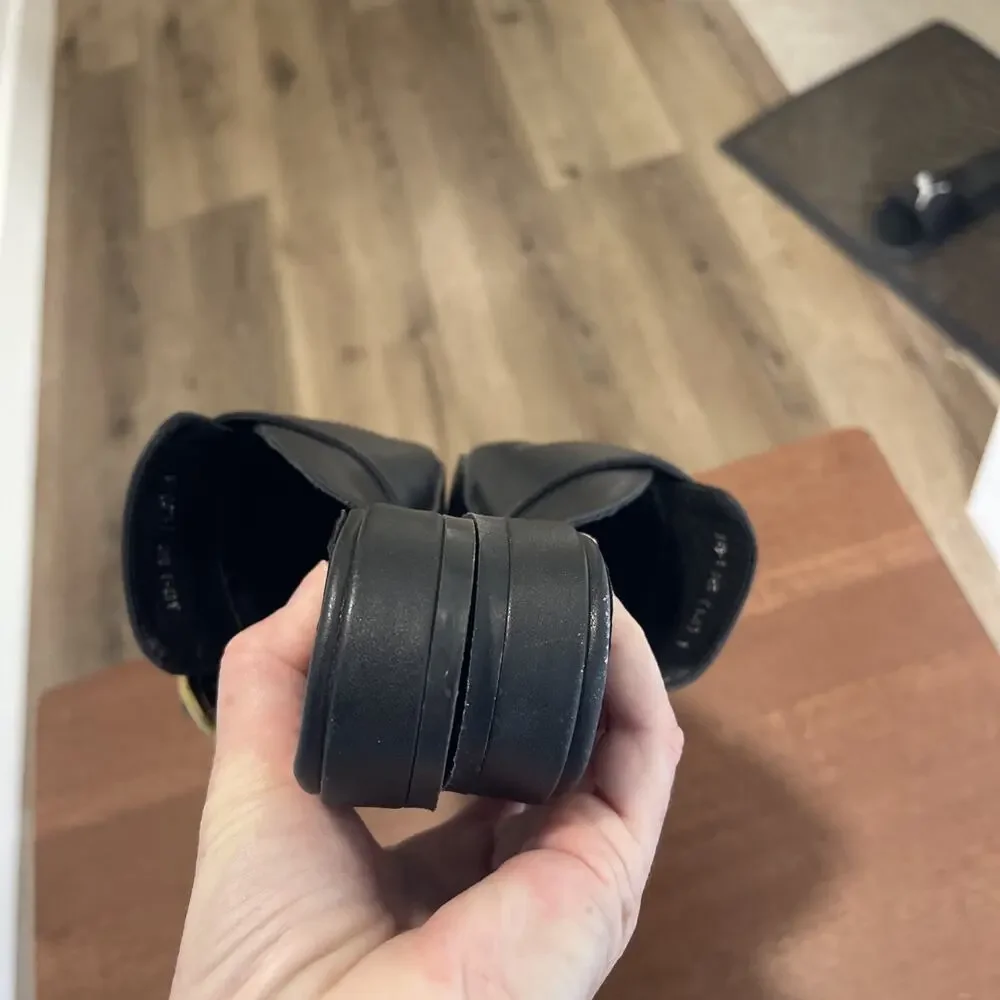 Black Leather Mules Sz 7 Pointy Toe Vero Cuoio Witchy Goth Brass Buckle Fringe - Picture 11 of 15